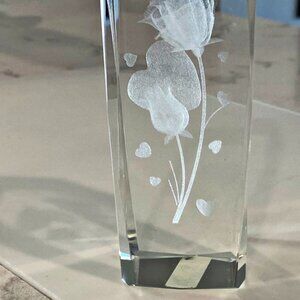 Clear Crystal Glass Tall Pillar Paperweight Hearts Flowers Very Heavy